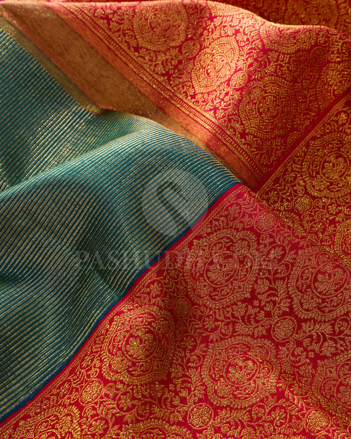 Dual Shaded Peacock Green With Red Kanjivaram Silk Saree-S1168(E)