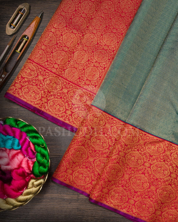 Dual Shaded Peacock Green With Red Kanjivaram Silk Saree-S1168(E)