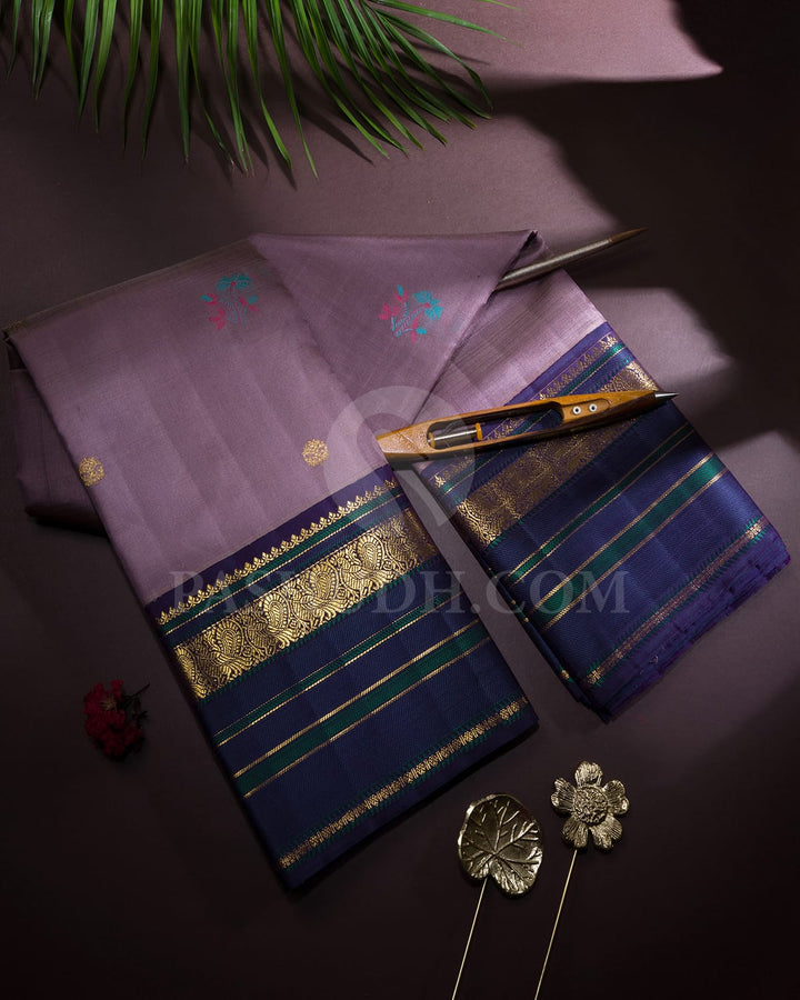 Glossy Grape With Navy Blue Kora Organza Kanjivaram Silk Saree-S1456(C)