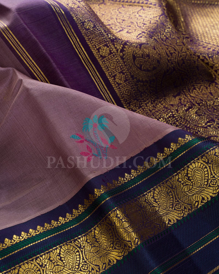 Glossy Grape With Navy Blue Kora Organza Kanjivaram Silk Saree-S1456(C)