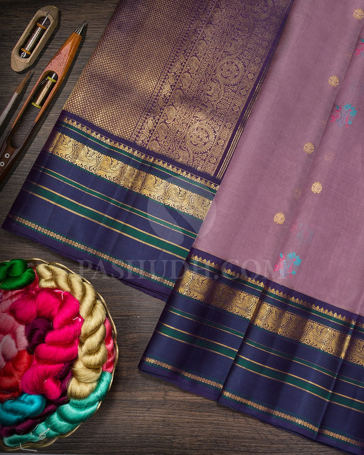 Glossy Grape With Navy Blue Kora Organza Kanjivaram Silk Saree-S1456(C)