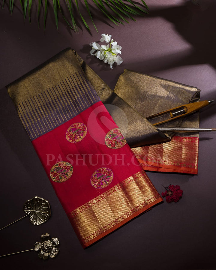 Glossy Grape With Red Kanjivaram Silk Saree-S1732(B)
