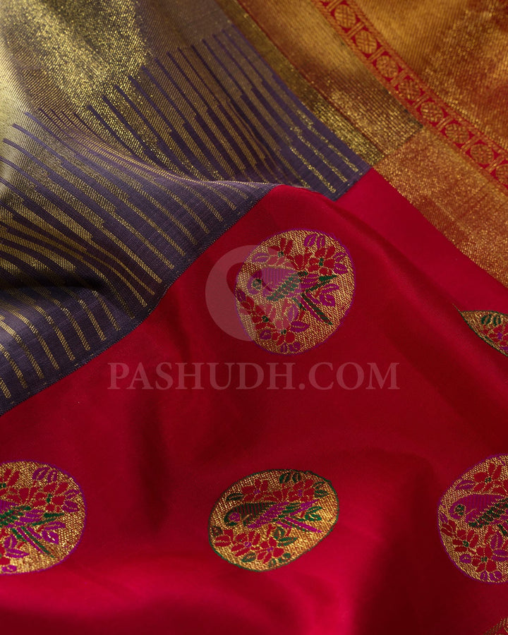 Glossy Grape With Red Kanjivaram Silk Saree-S1732(B)