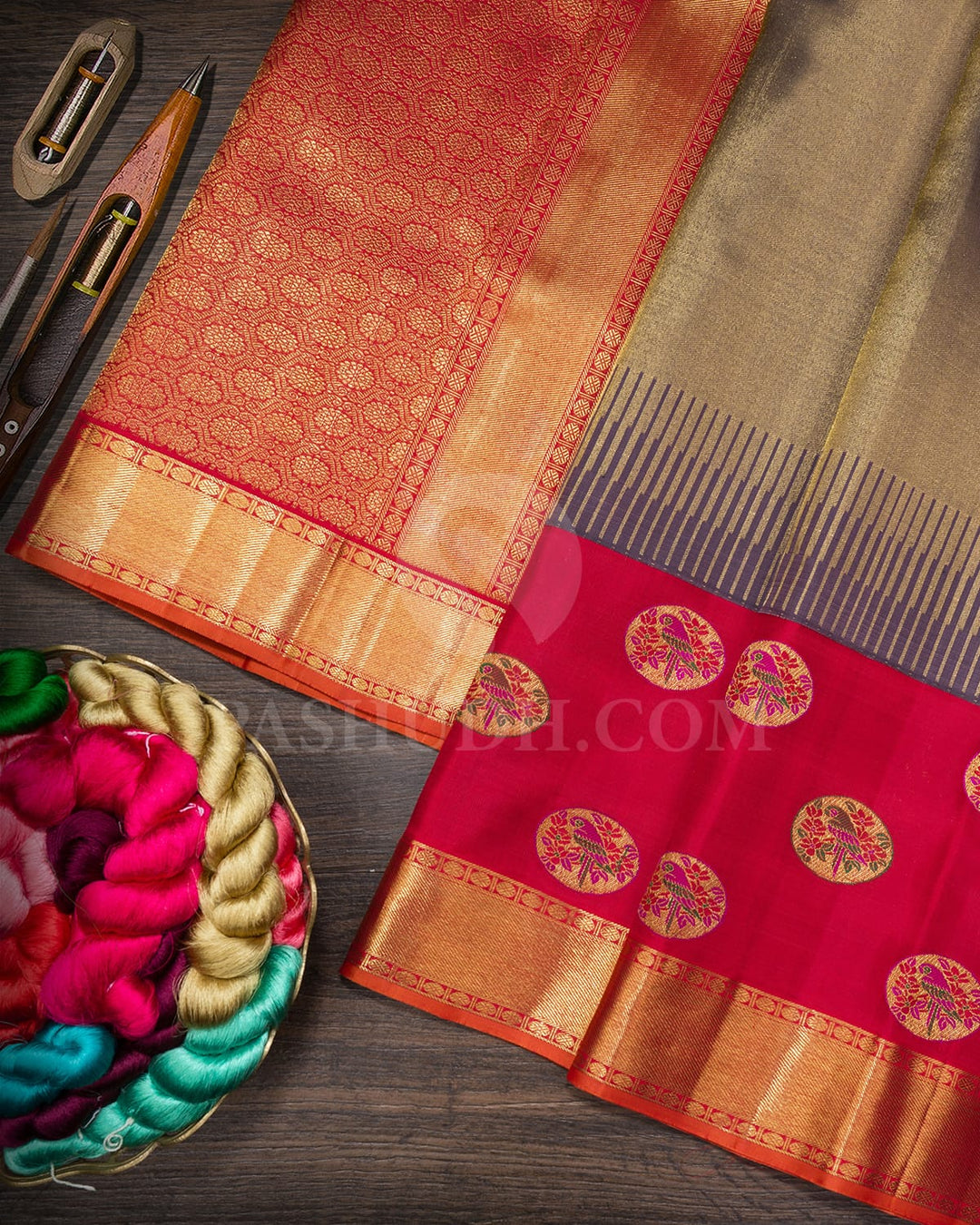 Glossy Grape With Red Kanjivaram Silk Saree-S1732(B)