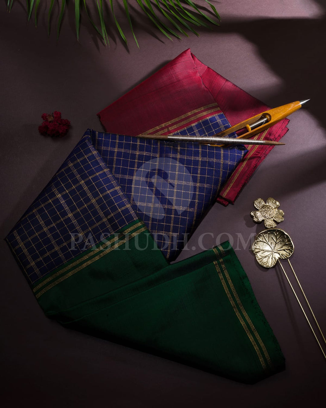 Night Blue,Dark Green And Maroon Ganga Jamuna Kanjivaram Silk Saree-S1699(B)