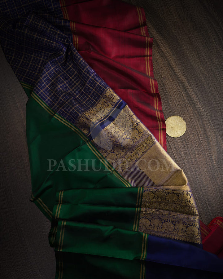 Night Blue,Dark Green And Maroon Ganga Jamuna Kanjivaram Silk Saree-S1699(B)