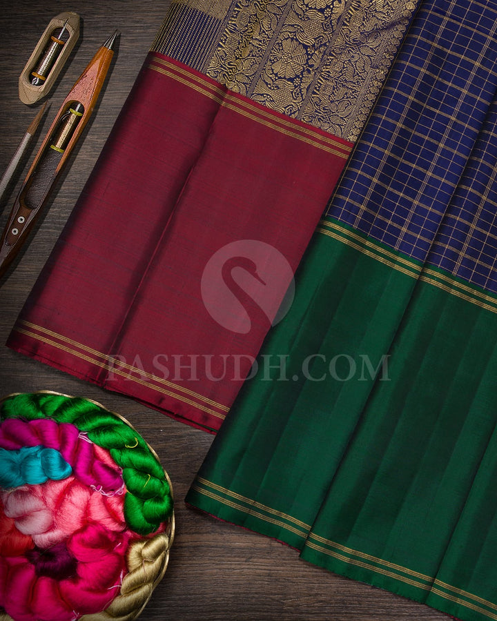 Night Blue,Dark Green And Maroon Ganga Jamuna Kanjivaram Silk Saree-S1699(B)