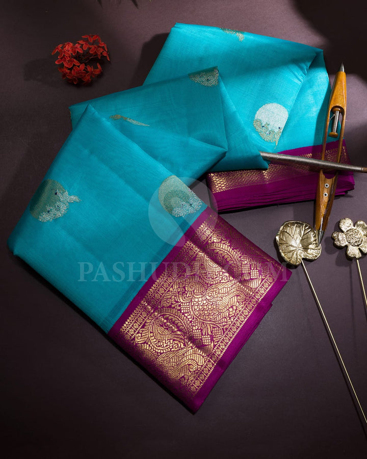 Sky Blue With Magenta Kora Organza Kanjivaram Silk Saree-S1397(D)