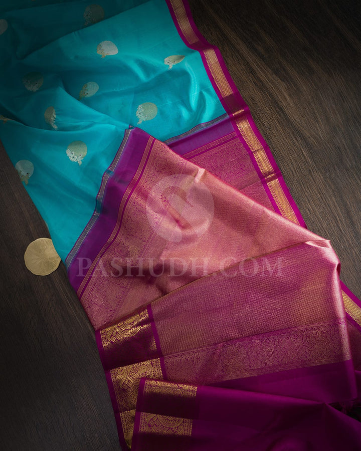 Sky Blue With Magenta Kora Organza Kanjivaram Silk Saree-S1397(D)