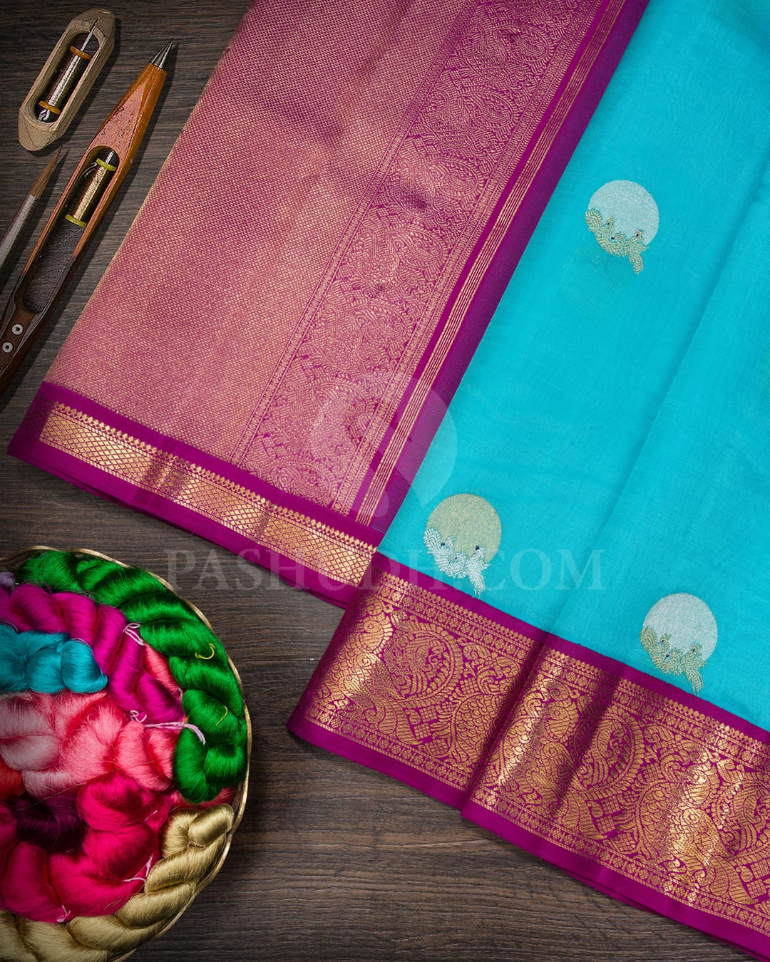 Sky Blue With Magenta Kora Organza Kanjivaram Silk Saree-S1397(D)