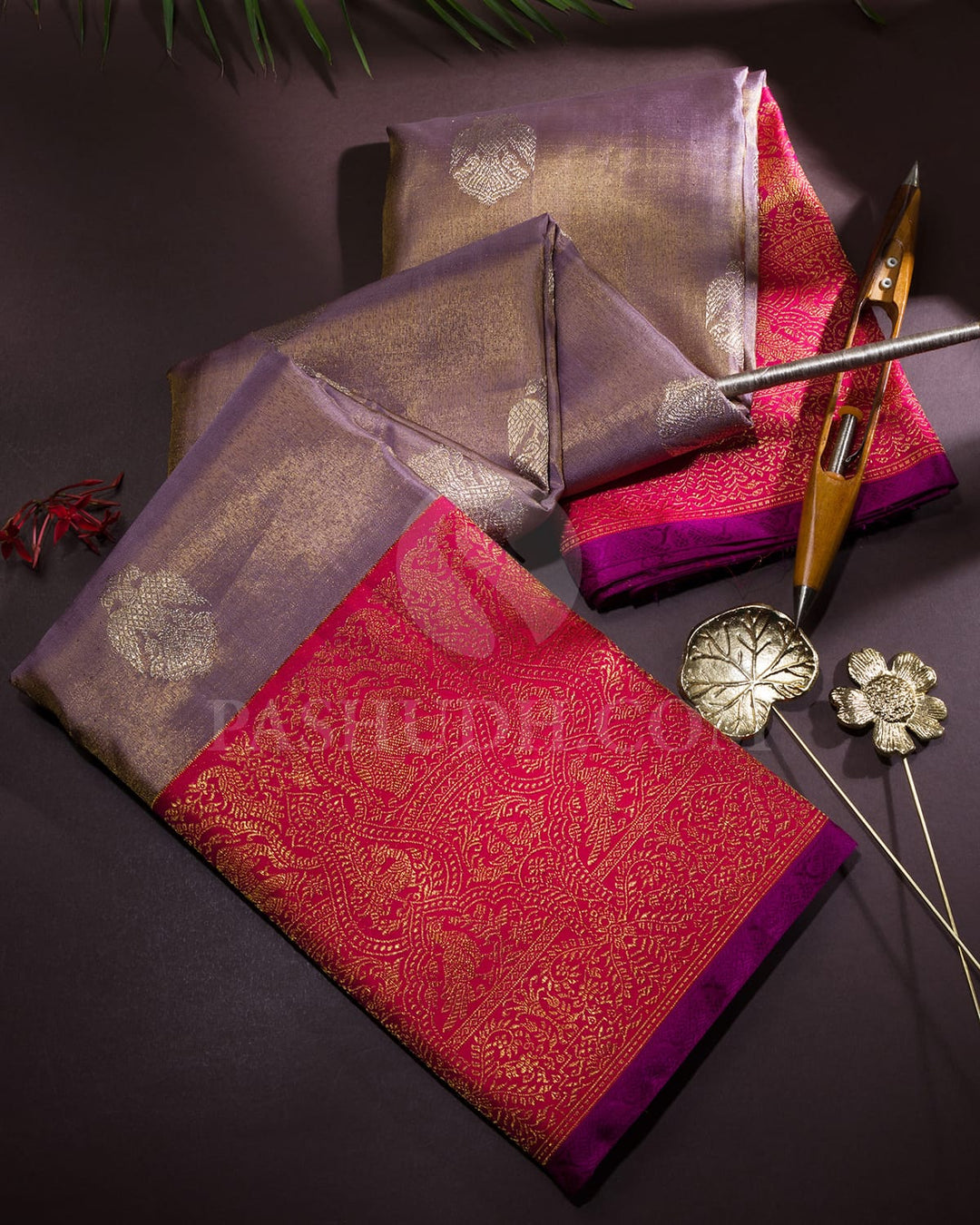 Mauve With Reddish Pink Kanjivaram Silk Saree-S1745(A)