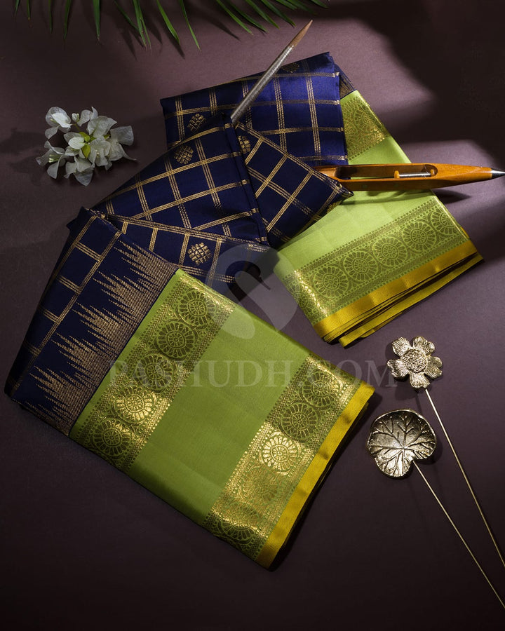 Midnight Blue With Parrot Green Kanjivaram Silk Saree-S1748(A)