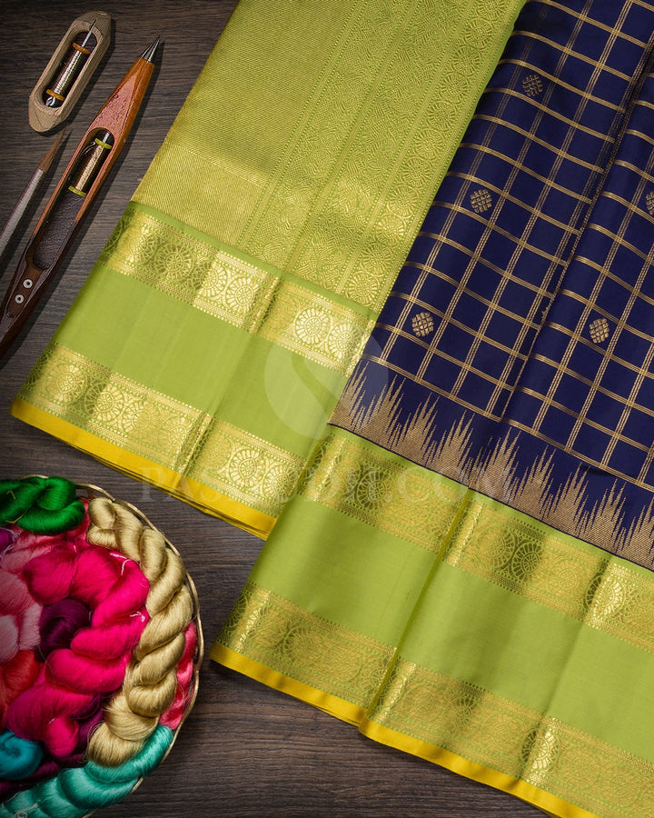 Midnight Blue With Parrot Green Kanjivaram Silk Saree-S1748(A)