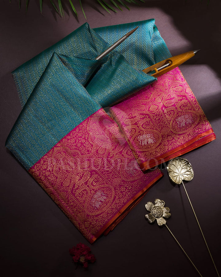 Dual Shaded Peacock Green With Rani Pink Kanjivaram Silk Saree-S1321(I)