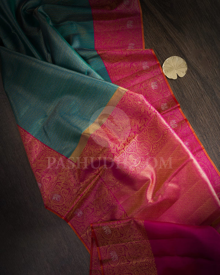 Dual Shaded Peacock Green With Rani Pink Kanjivaram Silk Saree-S1321(I)
