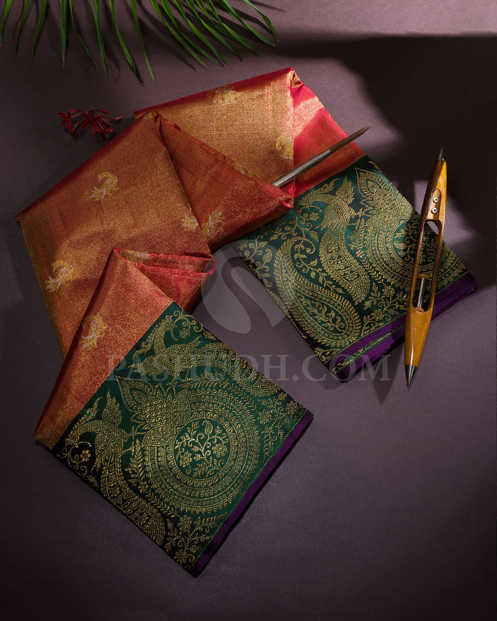 Rust Red And Bottle Green Shimmer Kanjivaram Silk Saree-S1640(B)