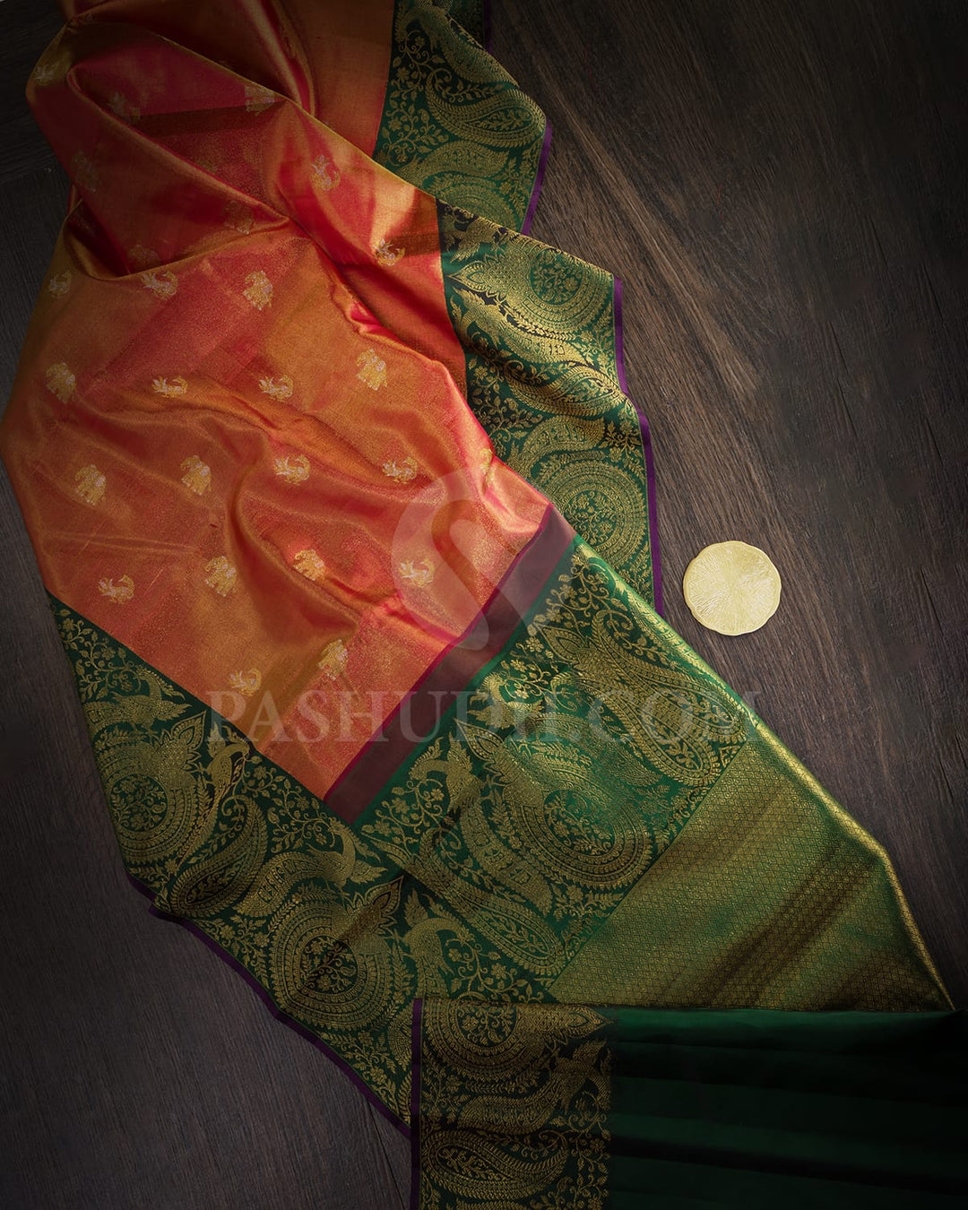 Rust Red And Bottle Green Shimmer Kanjivaram Silk Saree-S1640(B)