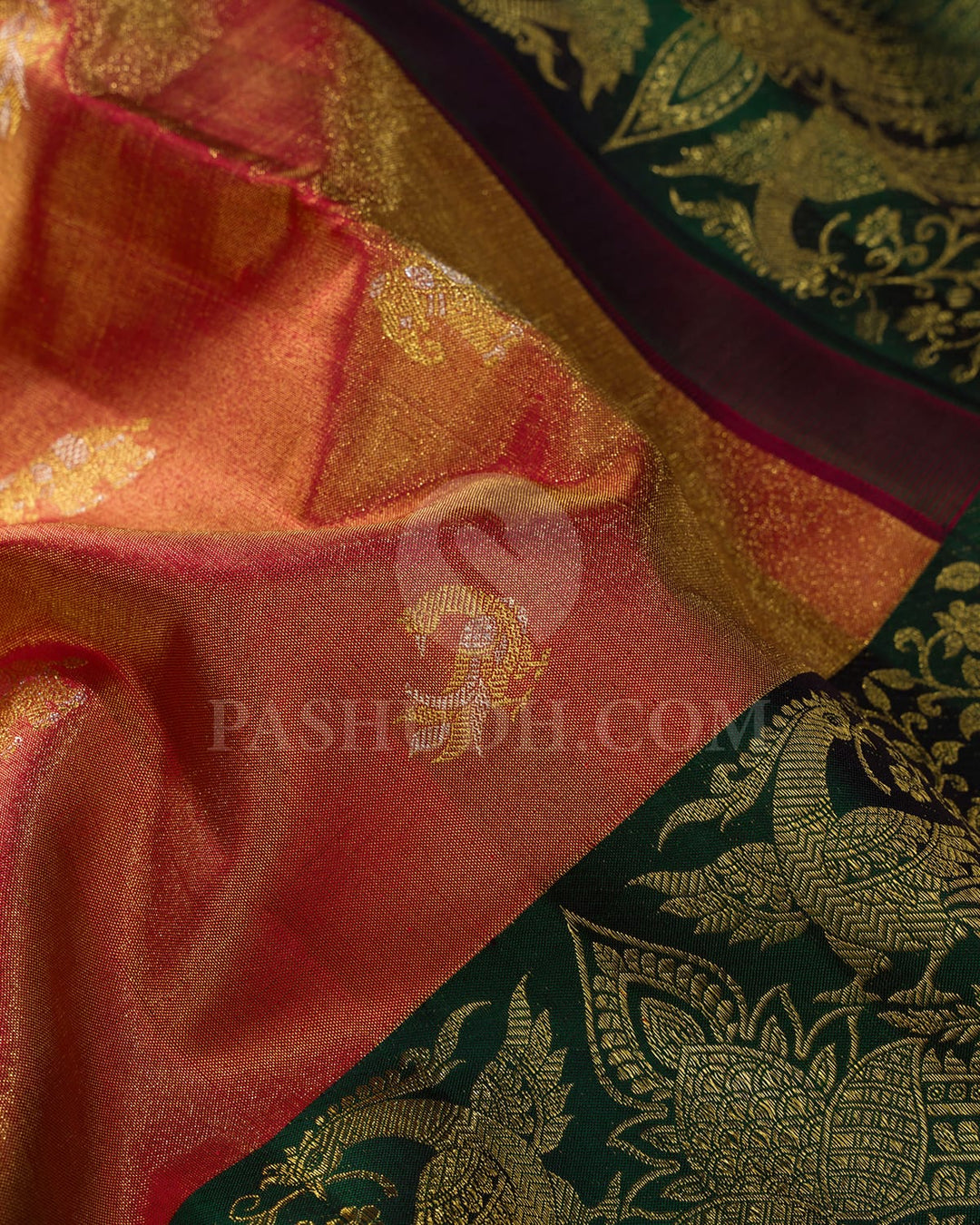 Rust Red And Bottle Green Shimmer Kanjivaram Silk Saree-S1640(B)