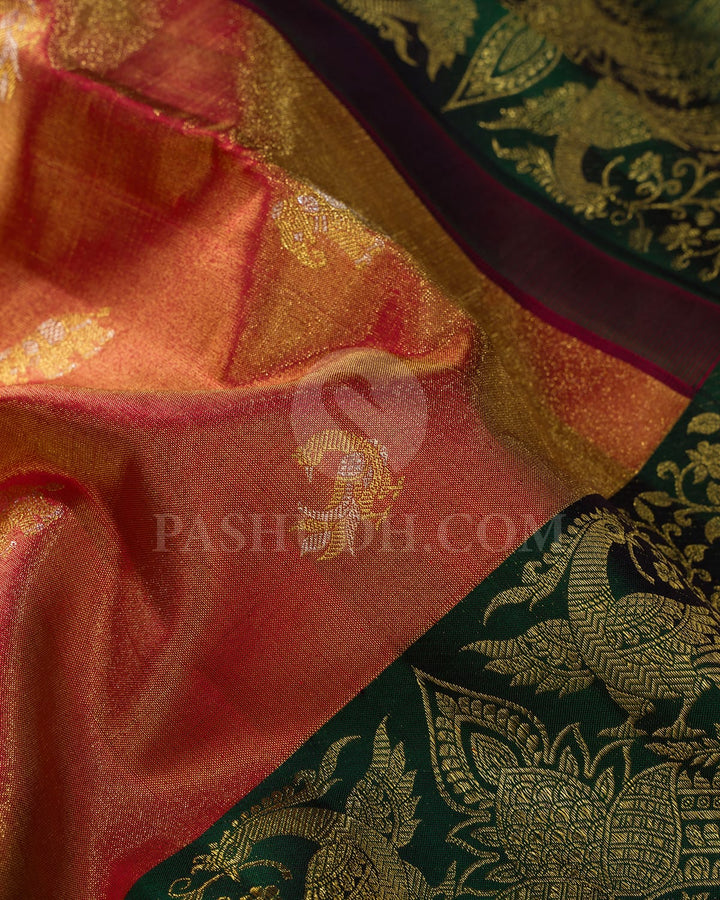 Rust Red And Bottle Green Shimmer Kanjivaram Silk Saree-S1640(B)