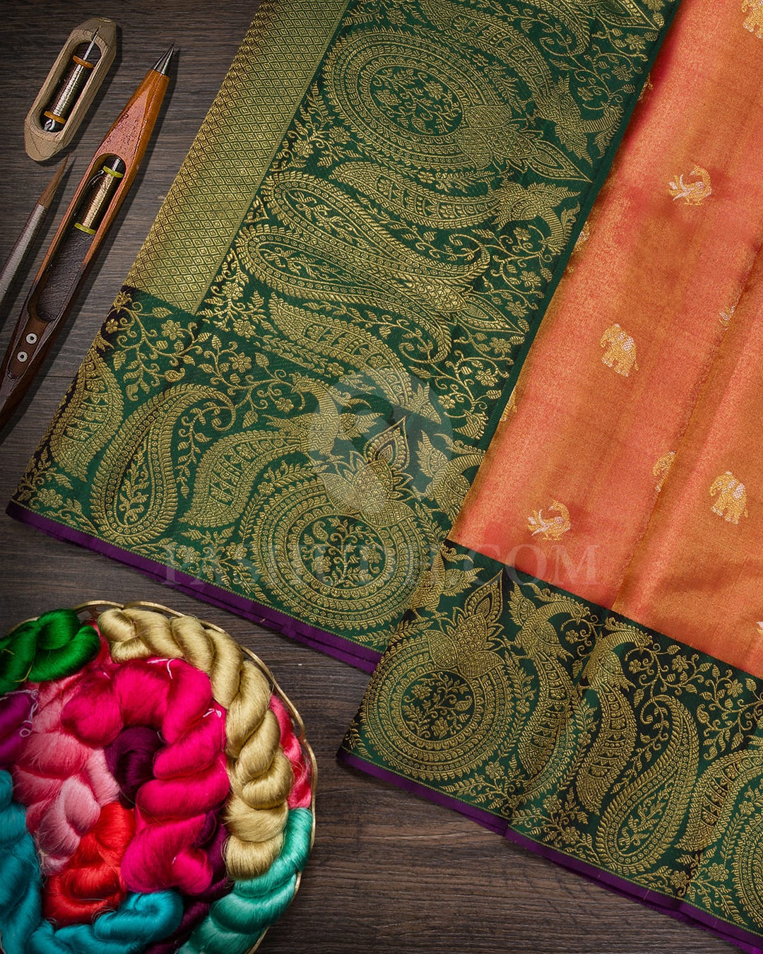 Rust Red And Bottle Green Shimmer Kanjivaram Silk Saree-S1640(B)