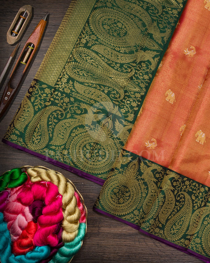 Rust Red And Bottle Green Shimmer Kanjivaram Silk Saree-S1640(B)