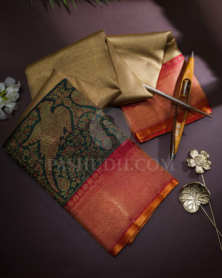 Ivory, Dark Green And Red Kanjivaram Silk Saree-S1580(D)