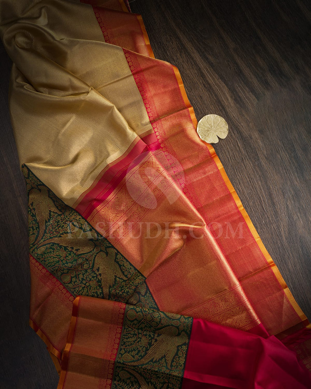 Ivory, Dark Green And Red Kanjivaram Silk Saree-S1580(D)