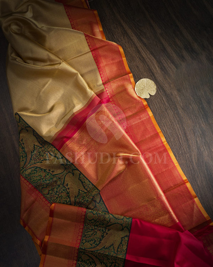 Ivory, Dark Green And Red Kanjivaram Silk Saree-S1580(D)