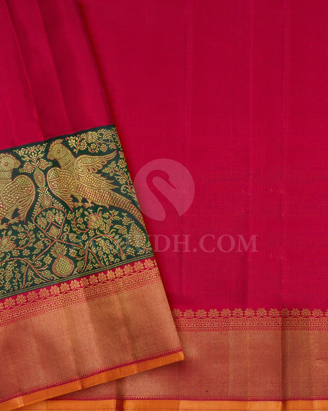 Ivory, Dark Green And Red Kanjivaram Silk Saree-S1580(D)
