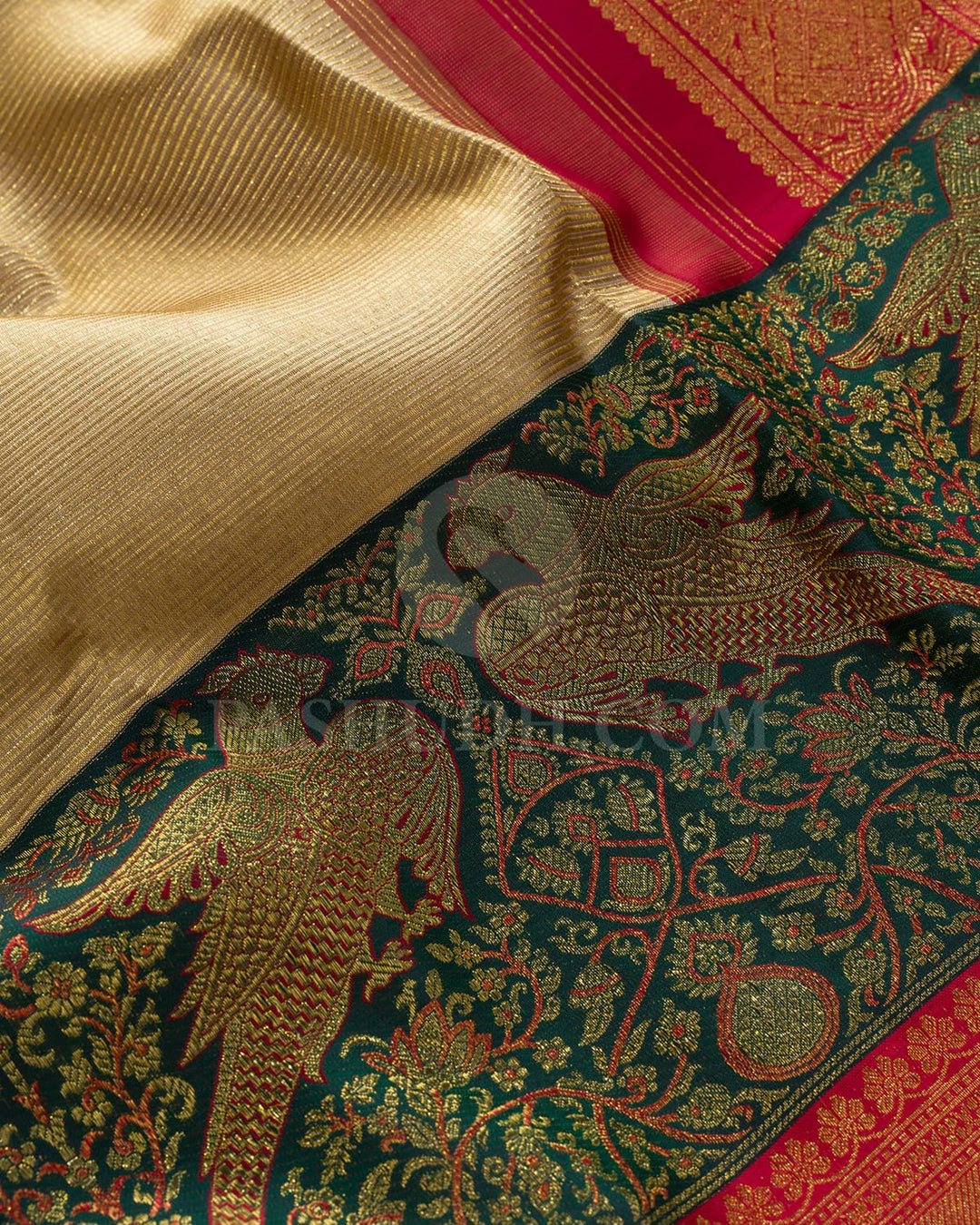 Ivory, Dark Green And Red Kanjivaram Silk Saree-S1580(D)