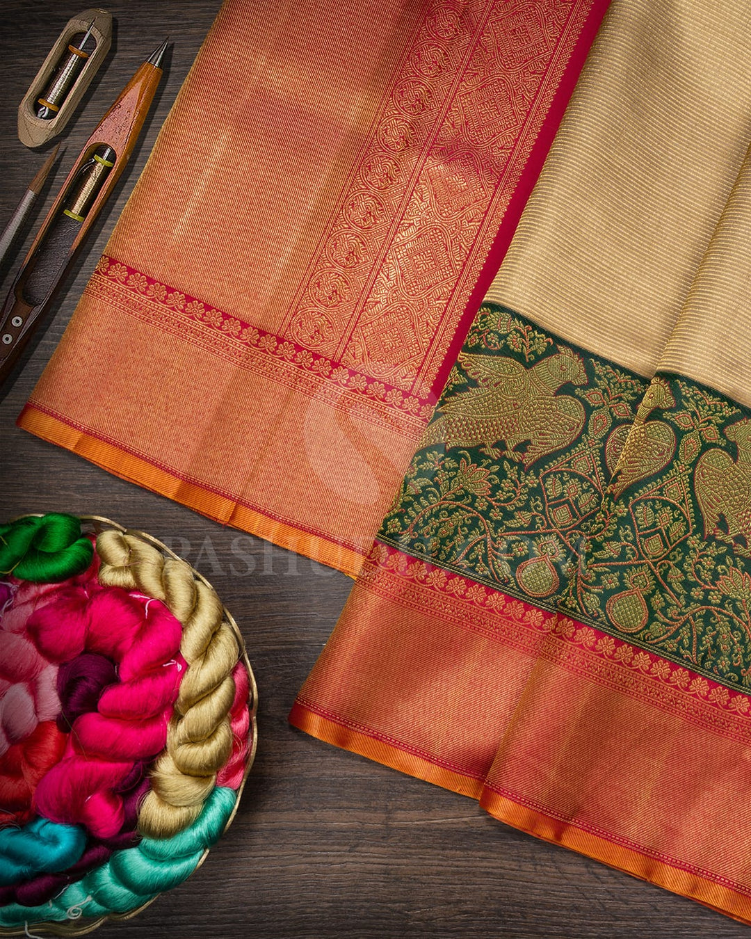 Ivory, Dark Green And Red Kanjivaram Silk Saree-S1580(D)