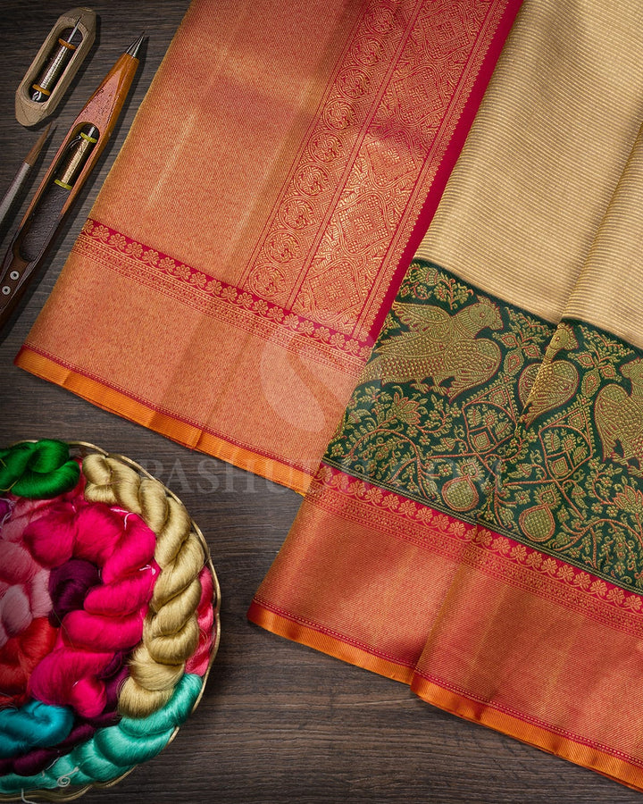 Ivory, Dark Green And Red Kanjivaram Silk Saree-S1580(D)