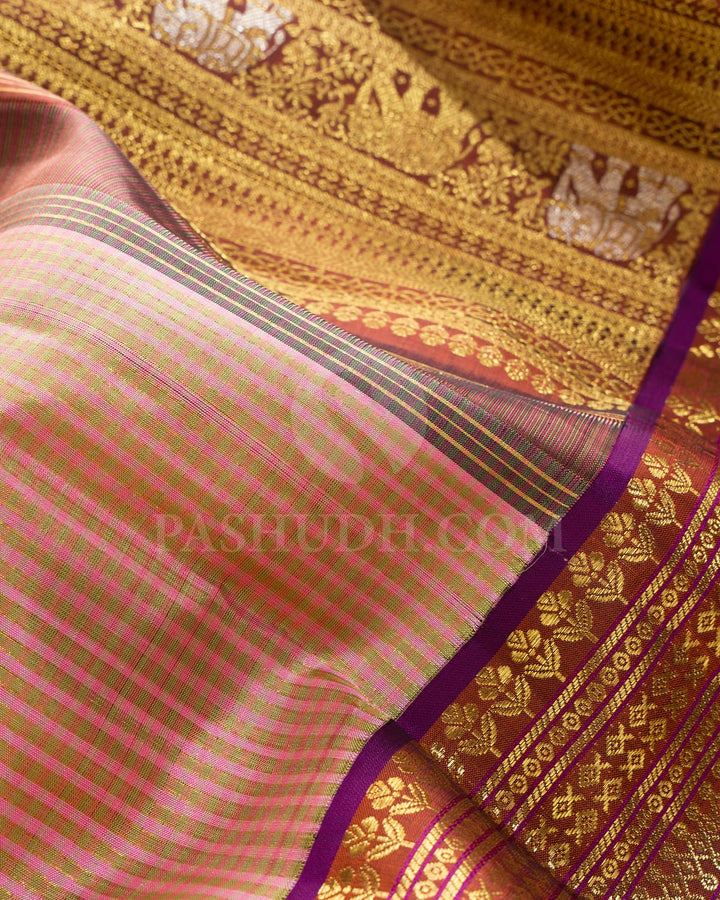 Peachy Pink With Cinnamon Brown Bridal Kanjivaram Silk Saree-S1757(A)
