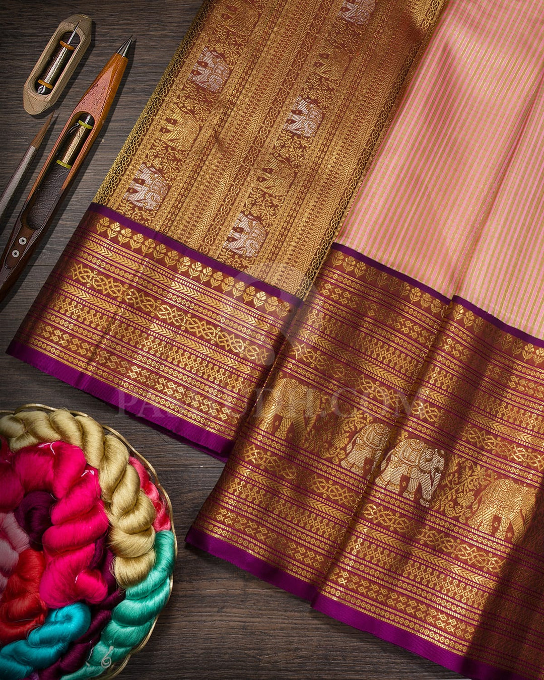 Peachy Pink With Cinnamon Brown Bridal Kanjivaram Silk Saree-S1757(A)