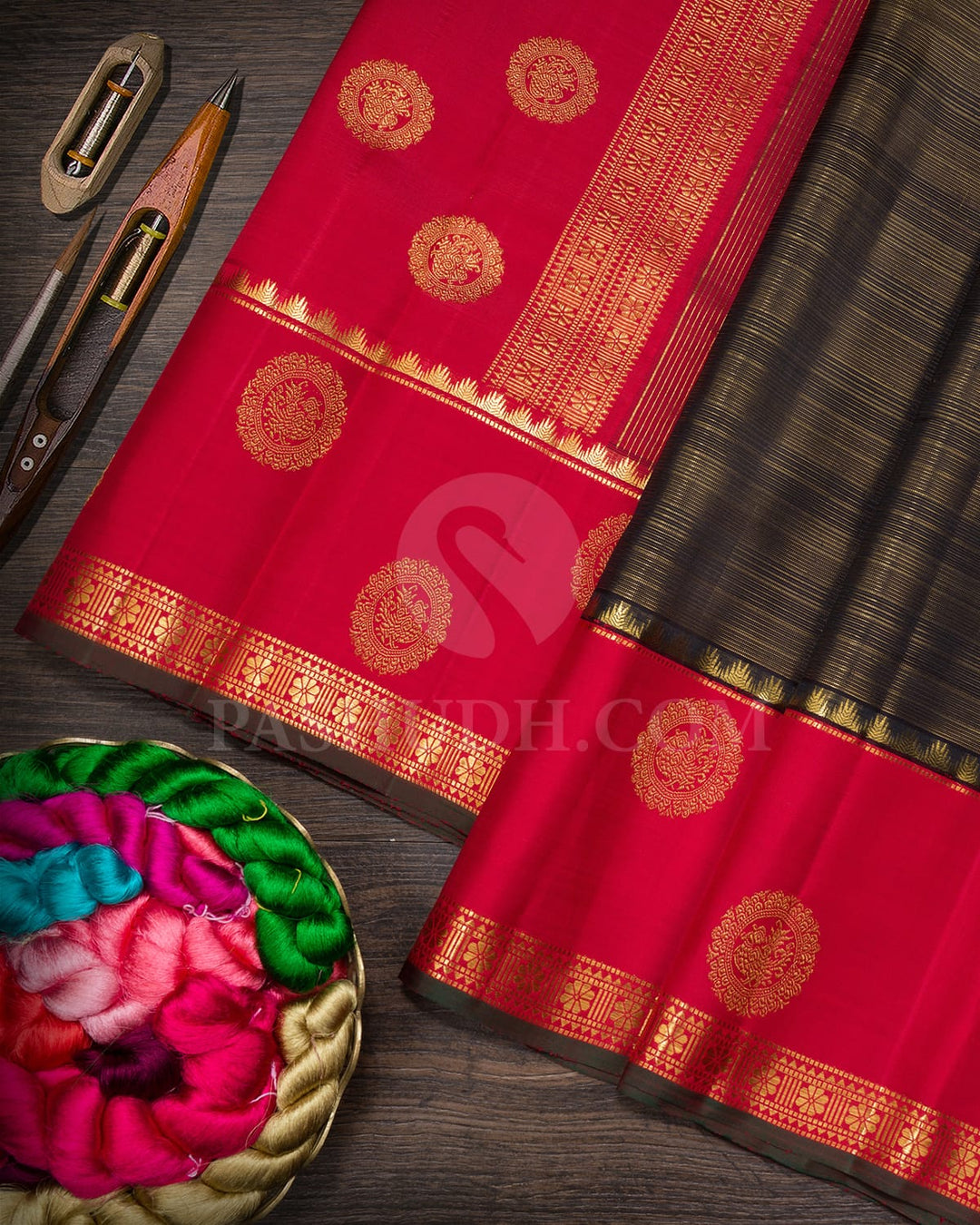 Black With Red Kanjivaram Silk Saree-S1584(B)