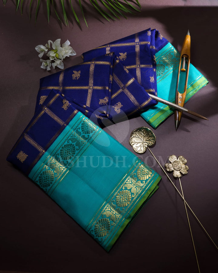 Midnight Blue With Tiffany Blue Kanjivaram Silk Saree-S1587(E)