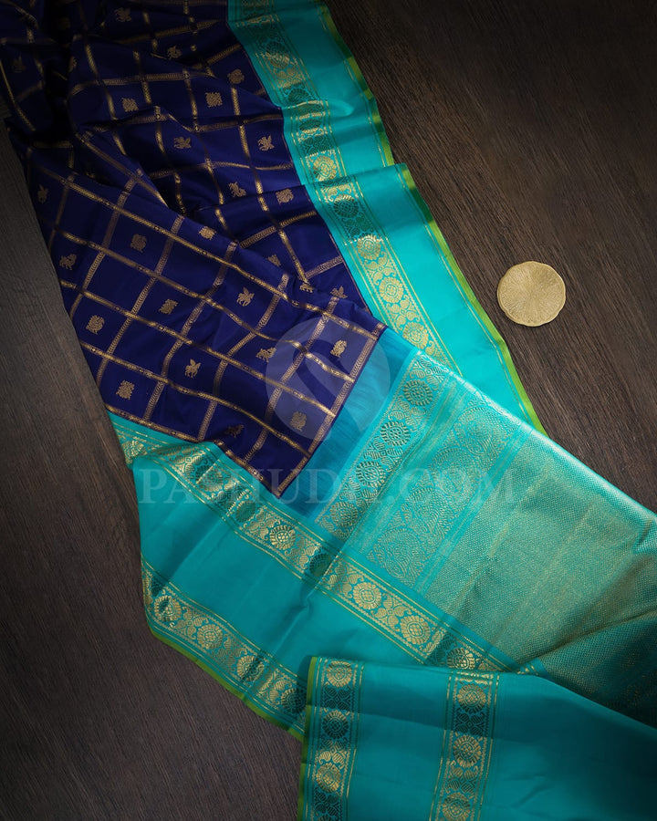 Midnight Blue With Tiffany Blue Kanjivaram Silk Saree-S1587(E)