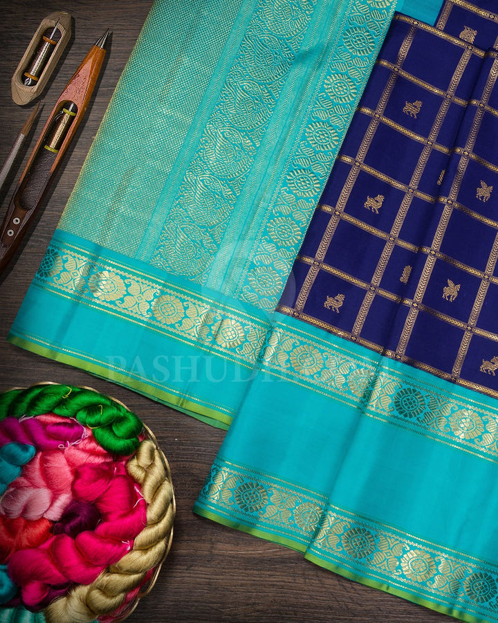 Midnight Blue With Tiffany Blue Kanjivaram Silk Saree-S1587(E)