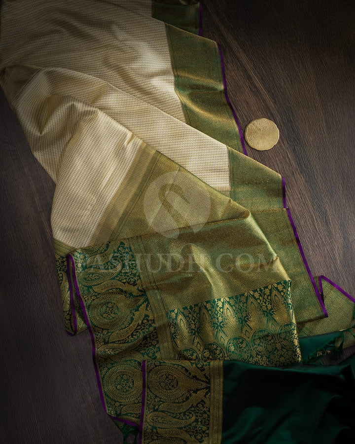 Beige With Bottle Green Bridal Kanjivaram Silk Saree-S1742(A)
