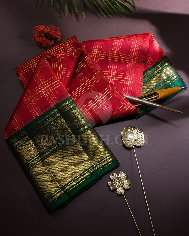 Bright Red With Bottle Green Traditional Kanjivaram Silk Saree-S1758(A)