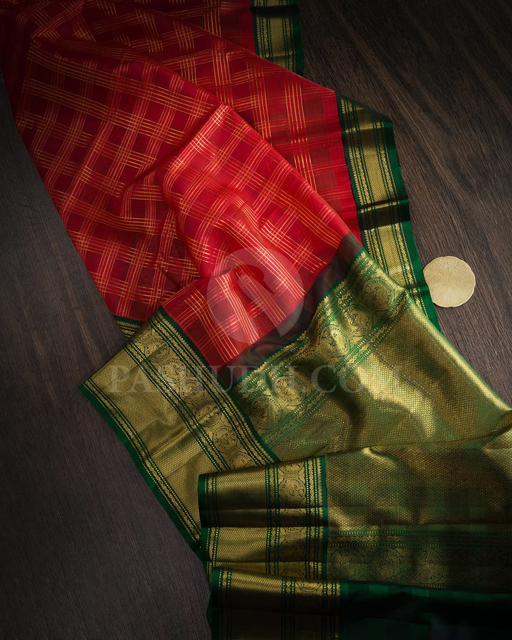 Bright Red With Bottle Green Traditional Kanjivaram Silk Saree-S1758(A)