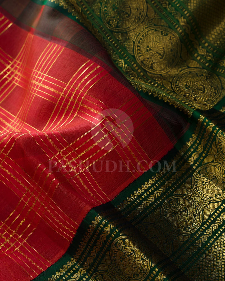Bright Red With Bottle Green Traditional Kanjivaram Silk Saree-S1758(A)