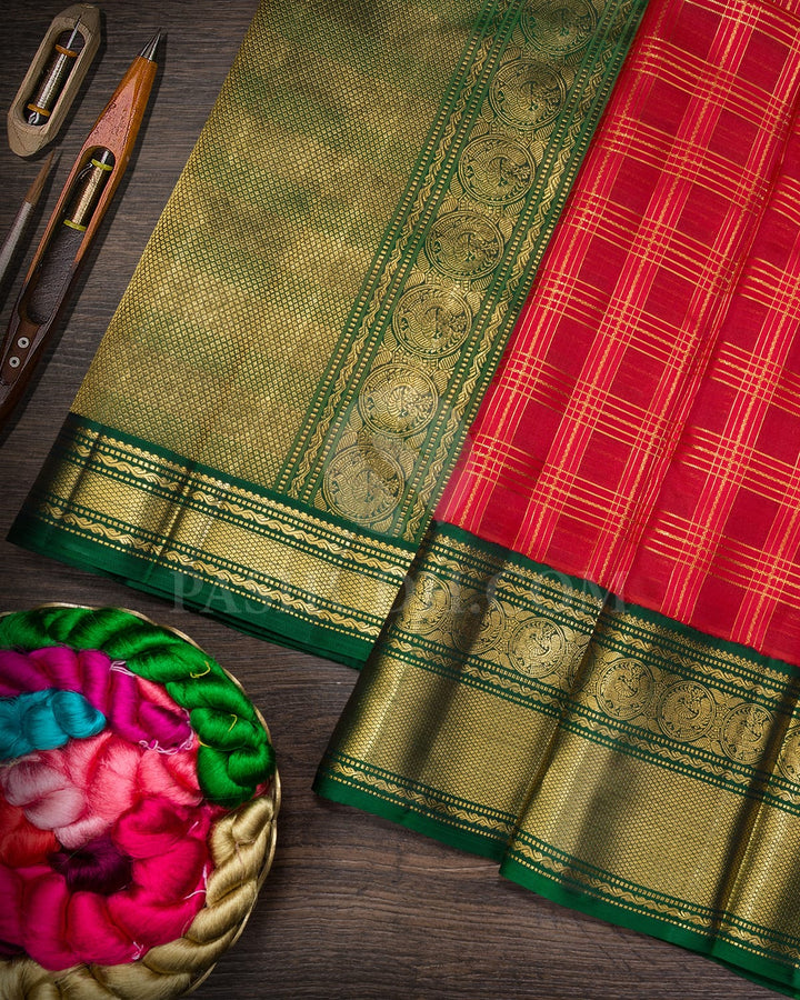 Bright Red With Bottle Green Traditional Kanjivaram Silk Saree-S1758(A)