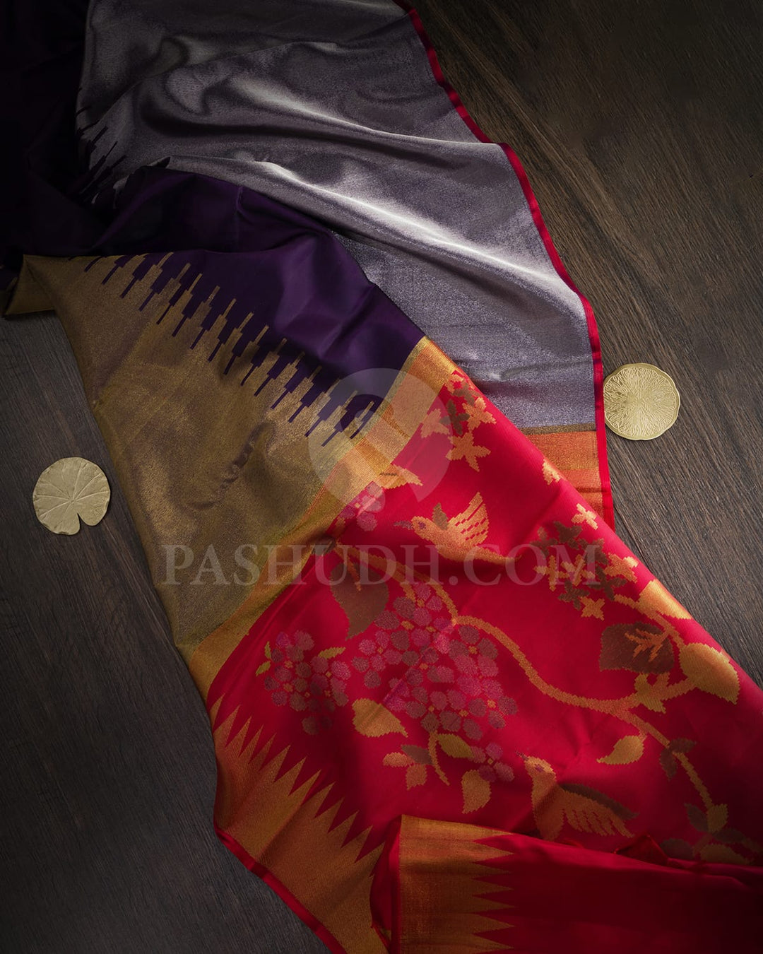 Dark Purple And Red Paithani With Temple Border Kanjivaram Silk Saree-S1719(C)