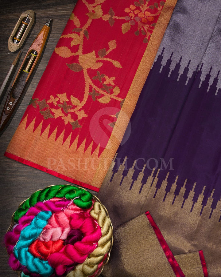 Dark Purple And Red Paithani With Temple Border Kanjivaram Silk Saree-S1719(C)