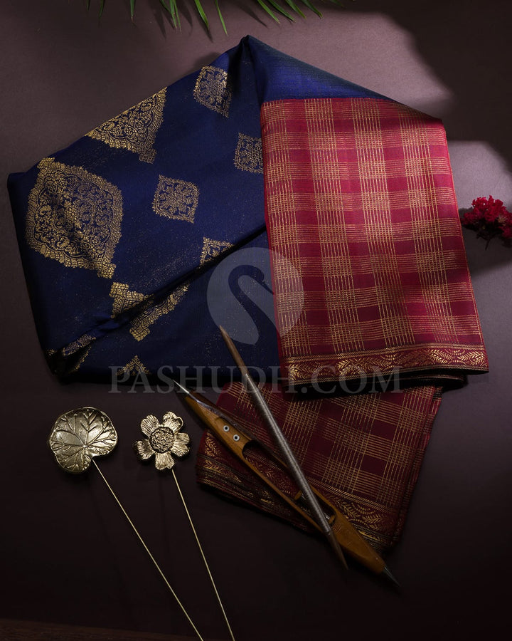 Midnight Blue With Dual Shaded Maroon Kanjivaram Silk Saree-S1695(B)