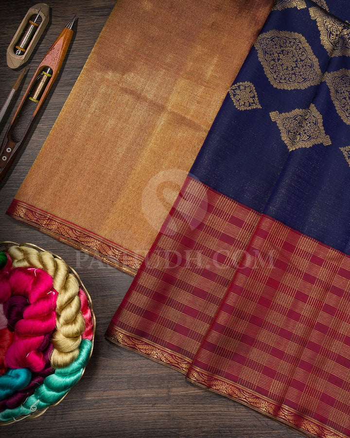 Midnight Blue With Dual Shaded Maroon Kanjivaram Silk Saree-S1695(B)