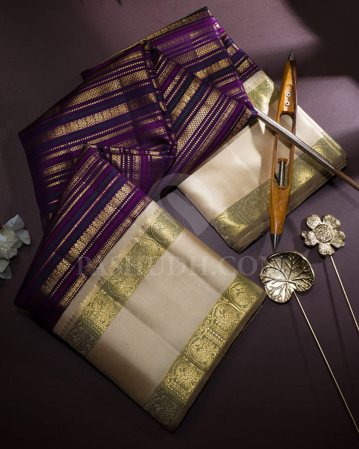 Violet With Beige Retta Petta Border Kanjivaram Silk Saree-S1484(H)