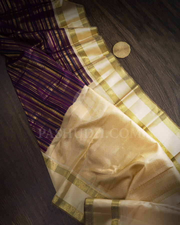 Violet With Beige Retta Petta Border Kanjivaram Silk Saree-S1484(H)