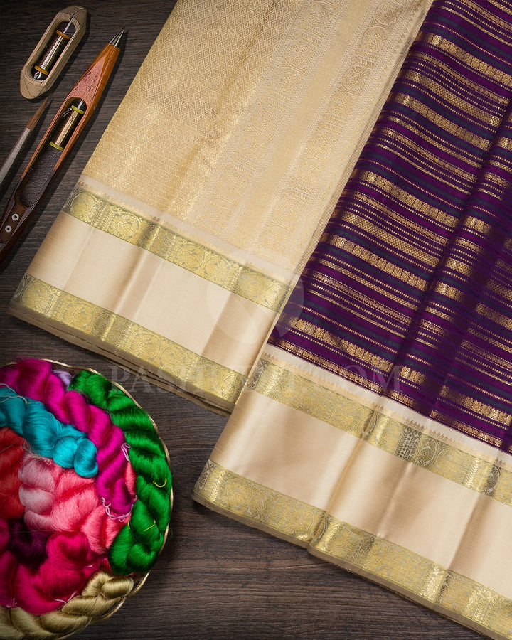 Violet With Beige Retta Petta Border Kanjivaram Silk Saree-S1484(H)